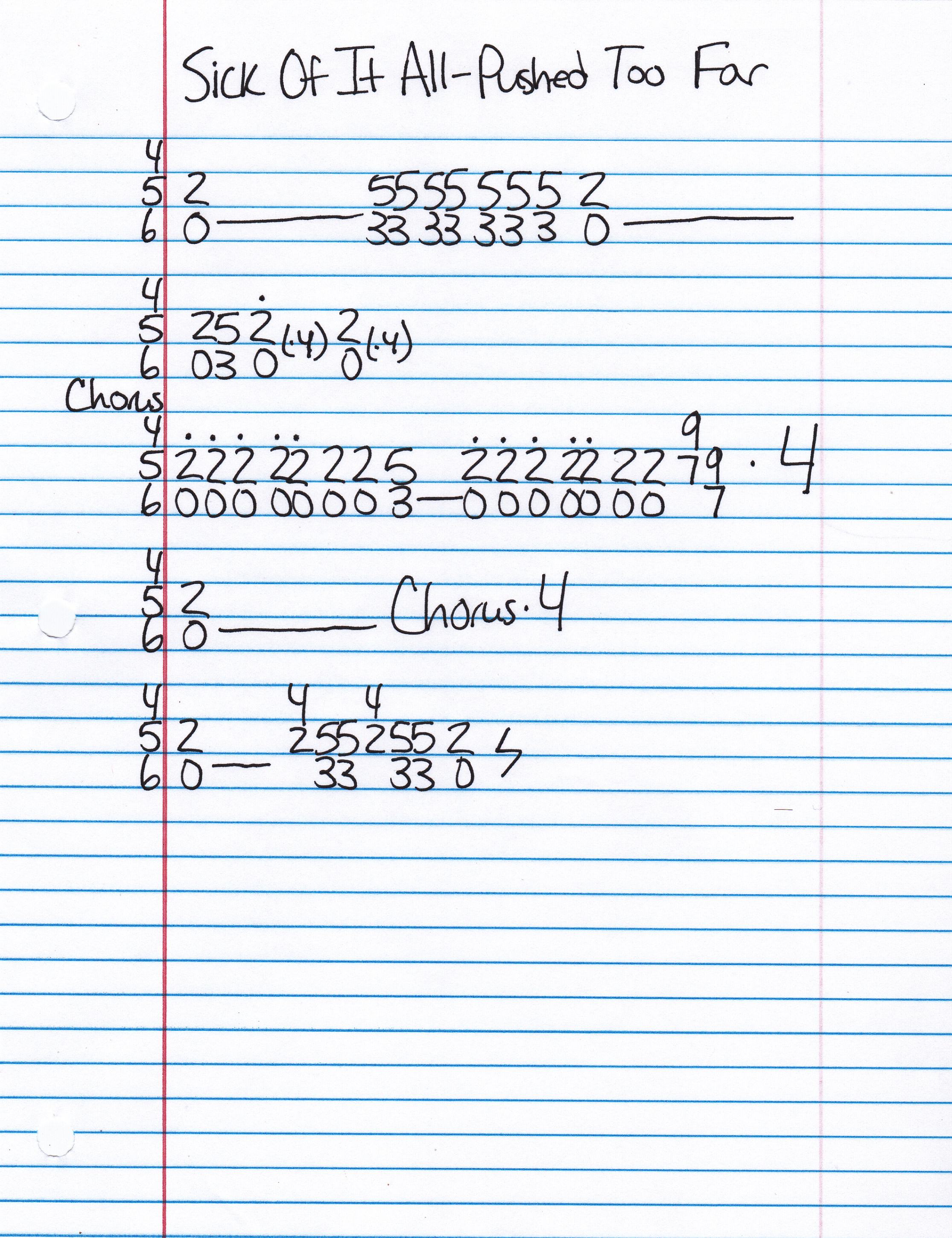 High quality guitar tab for Pushed Too Far by Sick Of It All off of the album Blood Sweat and No Tears. ***Complete and accurate guitar tab!***